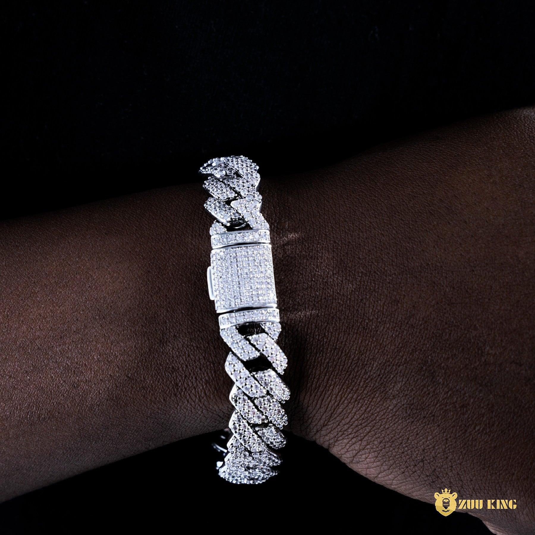 14mm Iced Prong Cuban Bracelet In 18k White Gold Plated ZUU KING