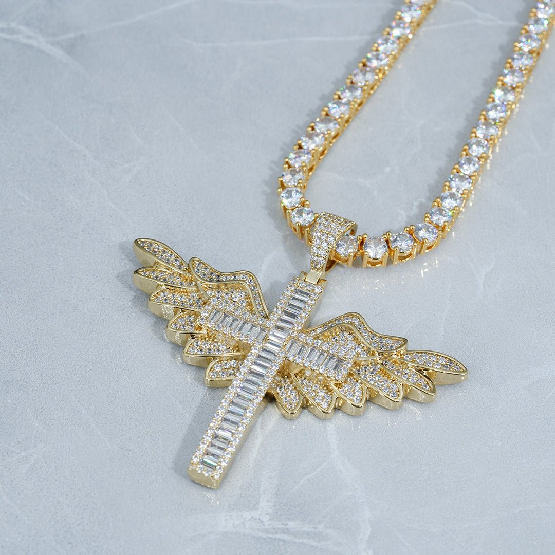 Baguette Iced Cross With Wing Pendant ZUU KING